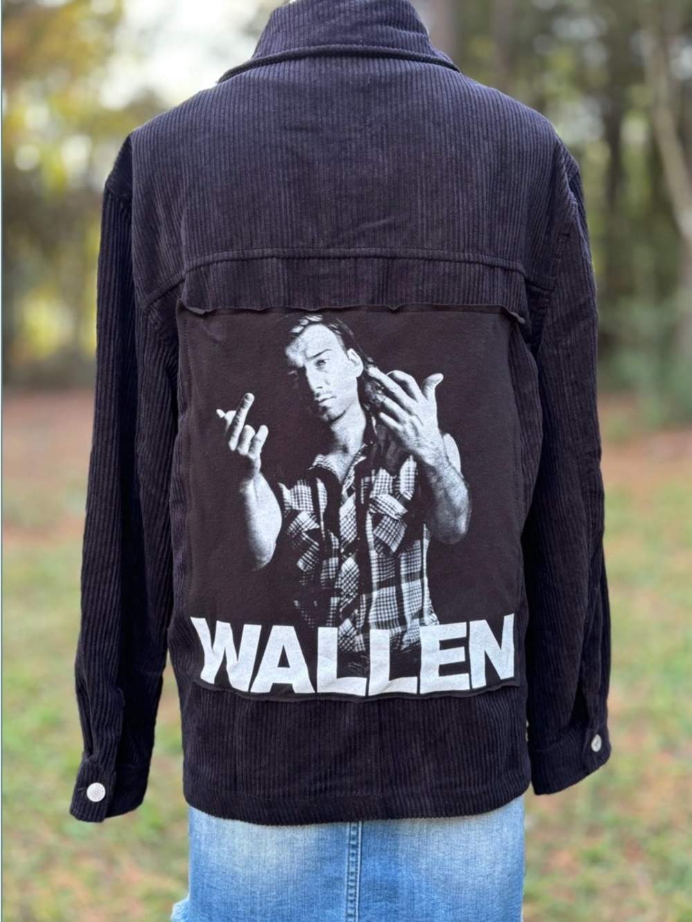 Upcycled NEW Black Corduroy Jacket with 'Wallen' Graphic